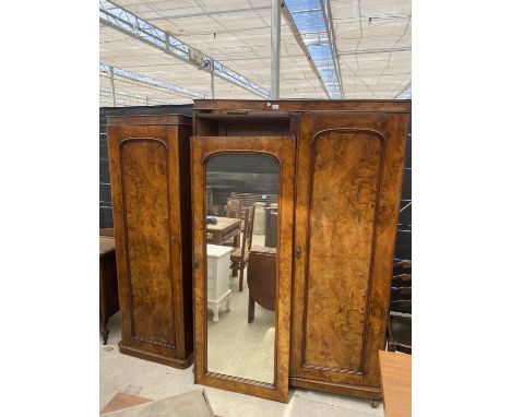 A VICTORIAN WALNUT MIRROR-DOOR WARDROBE, NOW IN TWO SECTIONS 