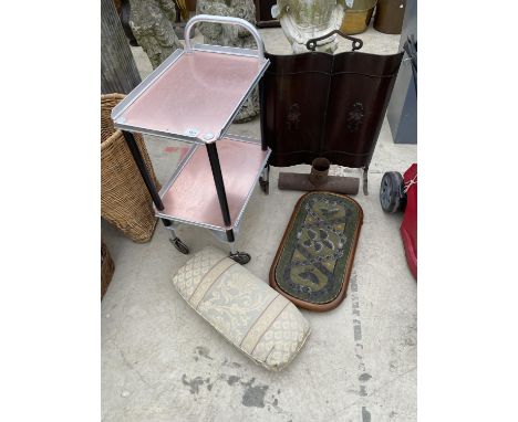 VARIOUS ITEMS TO INCLUDE AN ARTS &amp; CRAFTS STYLE FIRE SCREEN, A TAPESTRY TRAY, DRINKS TROLLEY ETC 