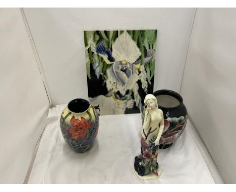 A TUPTON WARE HANDPAINTED TUBELINED VASE HEIGHT 20CM, TUPTON WARE LADY FIGURE HEIGHT 29CM, MOORCROFT STYLE VASE HEIGHT 20CM A