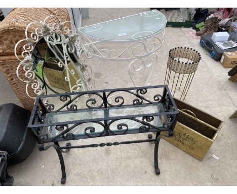 VARIOUS WROUGHT IRON ITEMS TO INLCUDE A DEMI LUNE TABLE, MIRROR, PLANTER, A BRASS MAGAZINE RACK ETC 