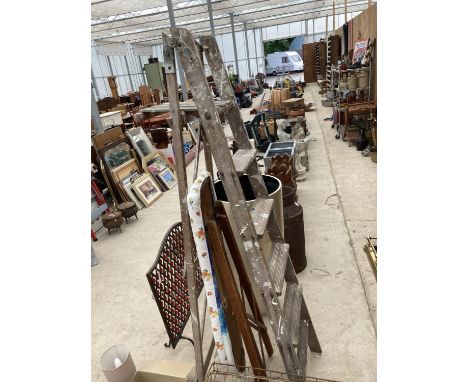 A VINTAGE FIVE RUNG WOODEN STEP LADDER AND IRONING BOARD 