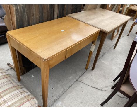 A LIGHT OAK EX W.D. TABLE WITH DETACHABLE LEGS, 38X23" AND MID 20TH CENTURY OAK DINING TABLE ON TAPERED LEGS, 46X30" 