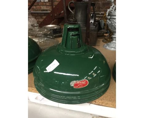 THREE CROSSLAND RETRO VINTAGE LIGHT SHADES IN DARK GREEN WITH ORIGINAL SICKERS 