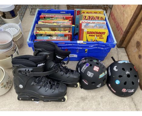 VARIOUS VINTAGE CHILDRENS ANNUALS, ROLLER BOOTS AND HELMETS 