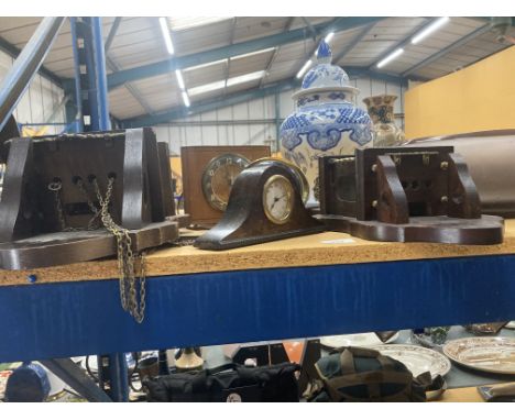 TWO MAHOGANY CASED WALL CLOCKS, A WESTCLOX 'BIG BEN' ALARM CLOCK, A SMITHS VINTAGE ELECTRIC MANTLE CLOCK, ETC 