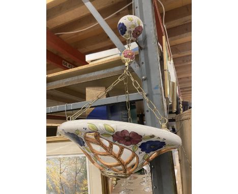 A CERAMIC FLORAL CEILING LIGHT WITH CERAMIC BUBLES TO THE TOP, DROP APPROX 66CM 