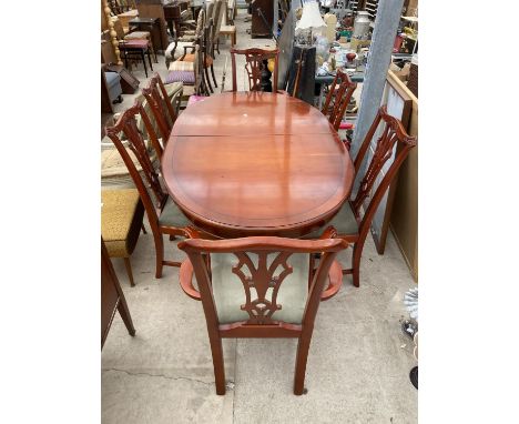 A MODERN YEW WOOD EXTENDING DINING TABLE, 71X40" (LEAF 23") AND SIX CHIPPENDALE STYLE DINING CHAIRS 