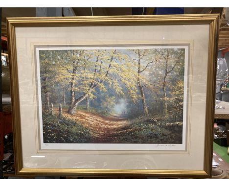 A FRAMED LIMITED EDITION 85/500 SIGNED PRINT OF A WOODLAND SCENE.  SIGNED JAMES D PRESTON 68.5CM X 54CM 