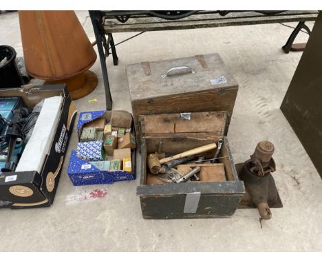 A JACK, TOOL BOX, BOXES OF SCREWS ETC 