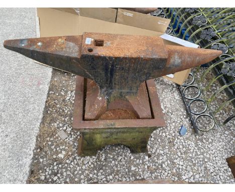 A VINTAGE BLACKSMITHS ANVIL LENGTH ON A BASE 97CM 