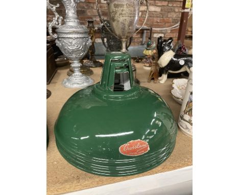THREE CROSSLANDS RETRO VINTAGE LIGHT SHADES IN  DARK GREEN WITH ORIGINAL STICKERS 