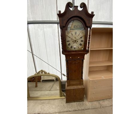 A 19TH CENTURY OAK AND CROSSBANDED EIGHT-DAY LONGCASE CLOCK WITH PAINTED ENAMEL DIAL 