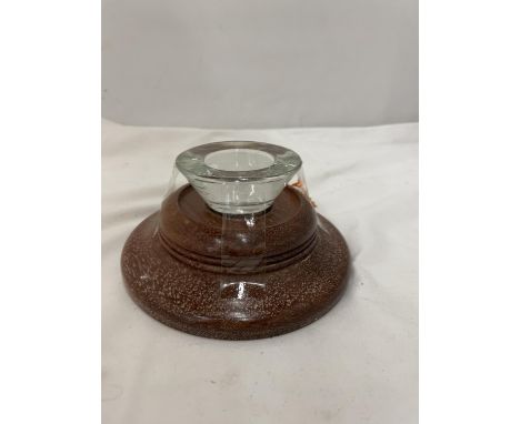 A WOOD AND GLASS INKWELL 