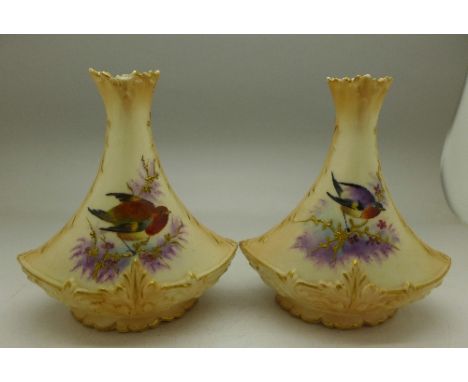 A pair of Locke & Co. Worcester blush ivory and gilt vases decorated with birds, one a/f, 13cm