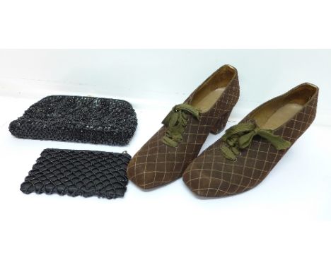 A pair of lady's vintage shoes marked Rayne and an evening bag and purse