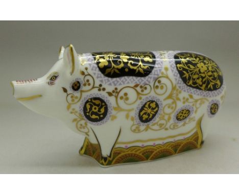 A Royal Crown Derby limited edition paperweight, Spotty Pig, 716 of 1500, with gold stopper, boxed with certificate