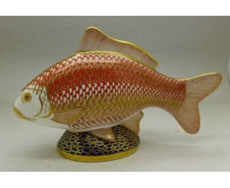 A Royal Crown Derby paperweight, Golden Carp with gold stopper, boxed