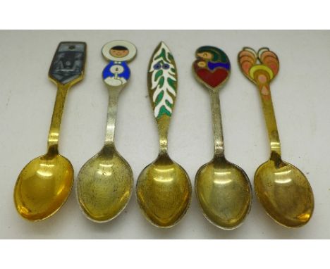 Five Danish silver and enamel 'Month of the Year' spoons, July 1968, 1969, 1970, 1972 and 1973, stamped A Michelson, Sterling