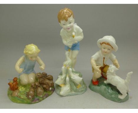 Three Royal Worcester figures modelled by F.G. Doughty, Young Farmer, Snowy and Woodland Dance