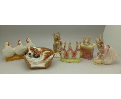 Three Royal Albert Beatrix Potter figures, Tom Thumb, No more Twist, Flopsy, Mopsy and Cottontails, two Royal Doulton figures