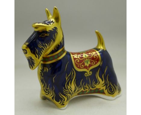 A Royal Crown Derby paperweight, Scottish Terrier, with gold stopper, boxed
