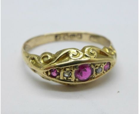 An 18ct gold, ruby and diamond ring, 2.3g, P