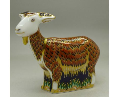 A Royal Crown Derby paperweight, Nanny Goat with gold stopper, boxed