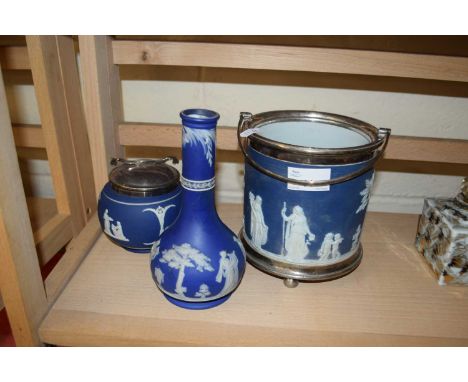 WEDGWOOD JASPERWARES COMPRISING BISCUIT BARREL, SUGAR BASIN AND VASE (3)