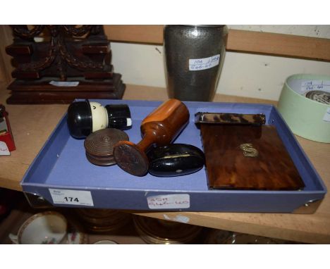BOX OF MIXED ITEMS - TURNED WOODEN GOBLETS, CIGARETTE CASES, PAPIER MACHE SNUFF BOX ETC