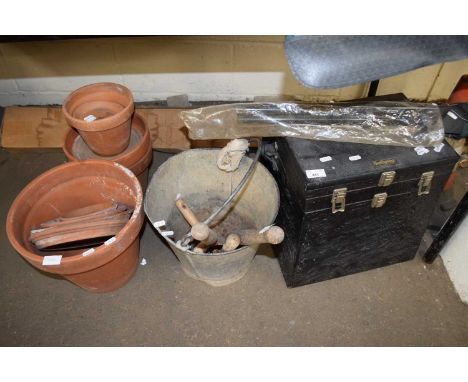 FISHING SEAT BOX, GALVANISED BUCKET AND ASSORTMENT OF VARIOUS TERRACOTTA PLANT POTS AND SAUCERS