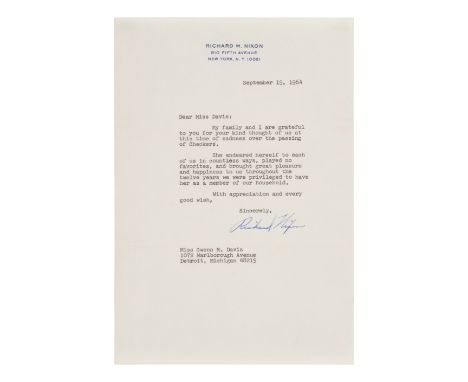 NIXON, Richard M. (1913-1994). Typed letter signed ("Richard Nixon") to Miss Gwenn M. Davis. New York, 15 September 1964.1 pa