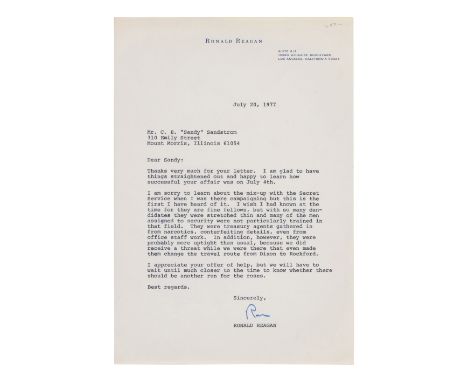 REAGAN, Ronald (1911-2004). Typed letter signed ("Ron"), to Mr. C.E. "Sandy" Sandstrom. Los Angeles, CA, 20 July 1977. &nbsp;