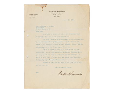 ROOSEVELT, Franklin D. (1882-1945). Typed letter signed ("Franklin D. Roosevelt"), as nominee for New York governor, to Gusta