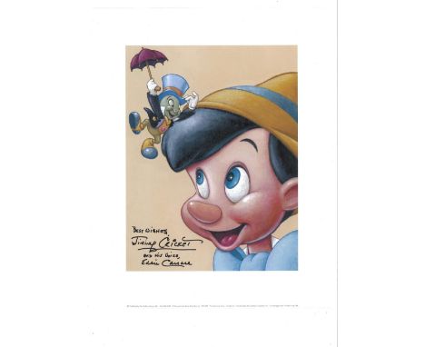 Eddie Carroll signed 14x11 colour Jiminy Cricket and Pinocchio print inscribed best wishes Jiminy Cricket and his voice Eddie