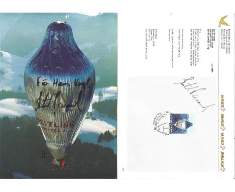 Bertrand Piccard signed 8x6 colour postcard showing Piccard's hot air balloon. Also included is a special postage stamp on a 