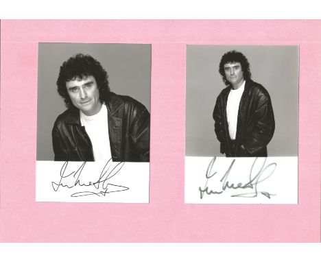 Ian McShane collection two signed 6x4 black and white photos affixed to A4 sheet. Ian David McShane (born 29 September 1942) 