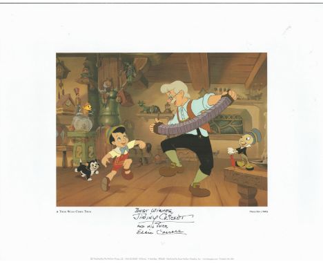 Eddie Carroll signed 16x12 Pinocchio animated print inscribed Jiminy Cricket and his voice Eddie Carroll. Good Condition. All