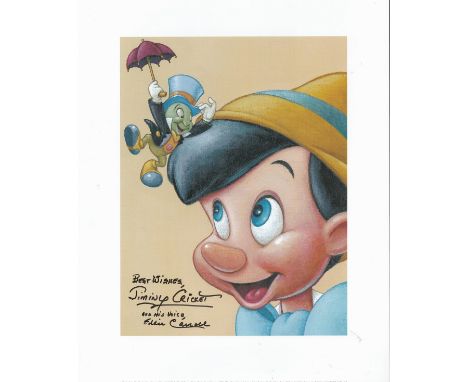 Eddie Carroll signed 16x12 Pinocchio animated print inscribed Jiminy Cricket and his voice Eddie Carroll. Good Condition. All