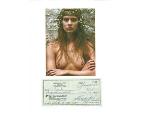 Nastassja Kinski signed cheque for $100 in 1988 attached to A4 card, also 7x5 colour photo of Kinski during a glamour shot at