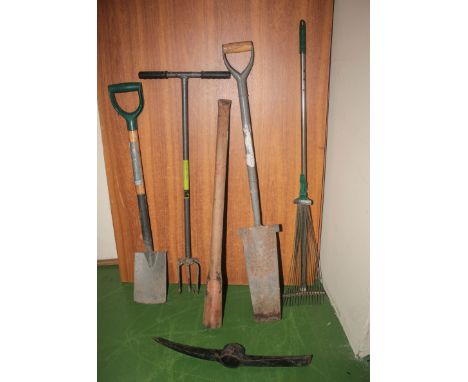 Gardening tools including, spade, fork, rake, a pick and a peat cutter
