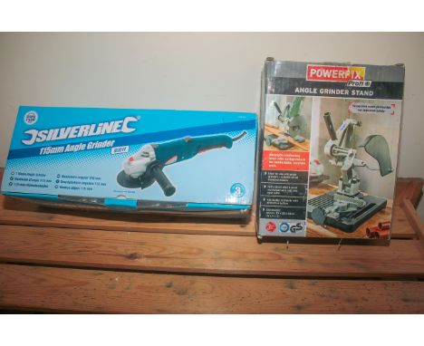 Silverline 115mm angle grinder with accessories and a Powerfix angle grinder stand