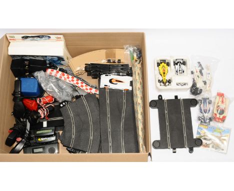 Scalextric group including - loose track, cars, controllers &amp; accessories; Hand Throttles; 5 x racing cars Some not compl