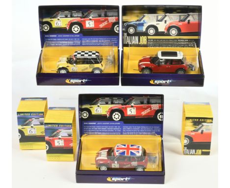 Scalextric group (1) C2538A Mini Cooper S "The Italian Job" - Red (2) C2484A Mini Cooper "John Cooper Challenge" #5 (3) C2485