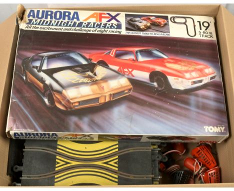 Scalextric group including - loose track, cars, controllers &amp; accessories; Hand Throttles; 3 x racing cars, a boxed Tomy 
