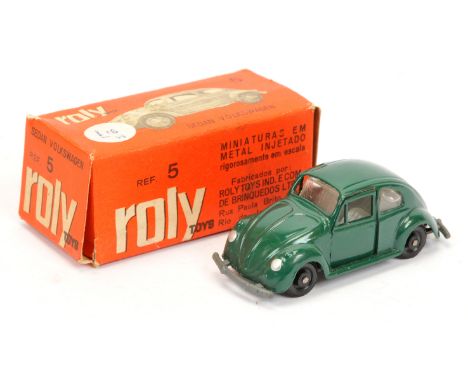 Roly Toys (Brazil) Ref 5 Volkswagen Sedan - green, grey interior, silver lights, black wheels, bare metal base - Excellent Pl