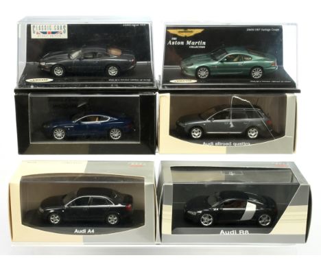 Mixed 1/43rd boxed group to include Minichamps Aston Martin DB9 - metallic blue; 3 x Audi models &amp; 2 x Vitesse models - N