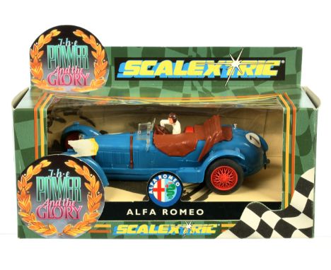 Scalextric "The Power and the Glory" re-issued Vintage Slot Car C305 Alfa Romeo - blue, with driver figure and racing number 