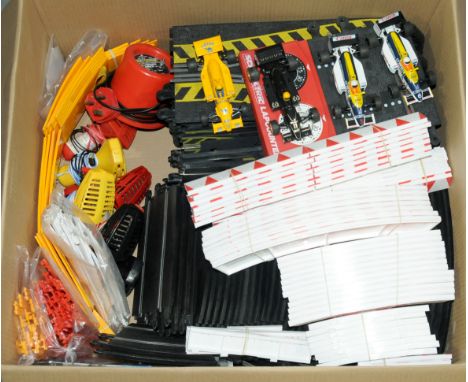Scalextric group including - loose track, cars, Barriers; Lap Counters; controllers &amp; accessories; Hand Throttles; 4 x ra
