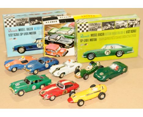 Revell Kit Built Slot Car Models (1) 1/32nd Aston Martin DB5 - green along with extra model E Type Jaguar (2) 1/32nd Mercedes