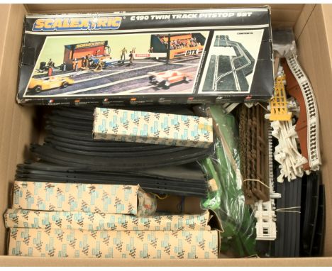 Scalextric group including - Boxed C190 Twin Track Pitstop Set; A202 Racing Pit; MM146 Goodwood Chicane Set; some empty boxes